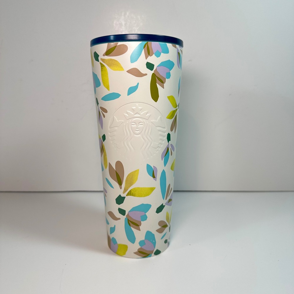 Starbucks 2023 Floral Leaf Cold Cup Tumbler 24oz White Blue Gold Stainless Steel